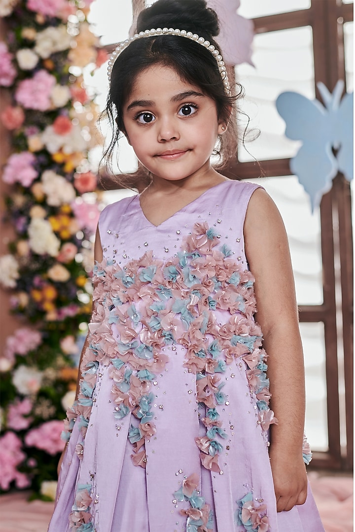 Crystal Lavender German Satin Floral Embellished Pleated Gown For Girls by Littleens at Pernia's Pop Up Shop