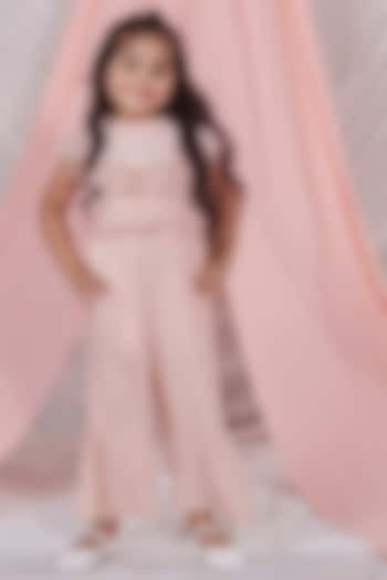 Pastel Pink Vortex Organza Pearl Hand Embroidered Jumpsuit With Cape For Girls by Littleens at Pernia's Pop Up Shop