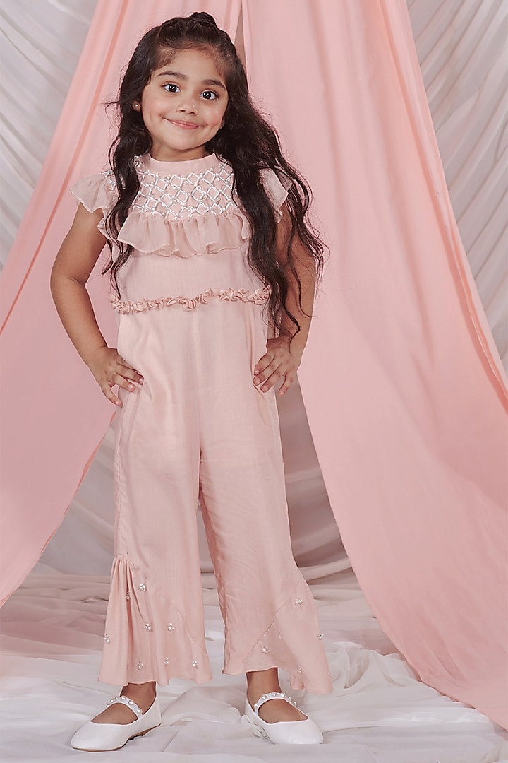 Pastel Pink Vortex Organza Pearl Hand Embroidered Jumpsuit With Cape For Girls by Littleens at Pernia's Pop Up Shop