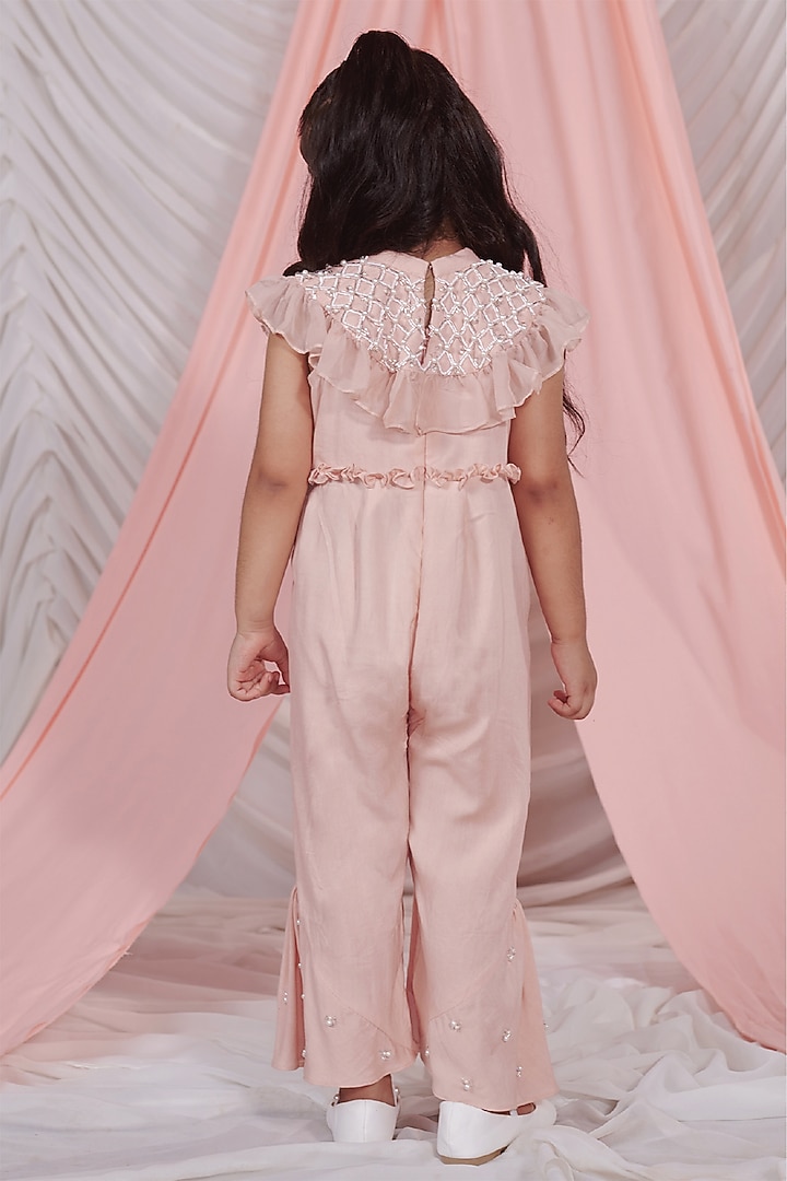 Pastel Pink Vortex Organza Pearl Hand Embroidered Jumpsuit With Cape For Girls by Littleens at Pernia's Pop Up Shop