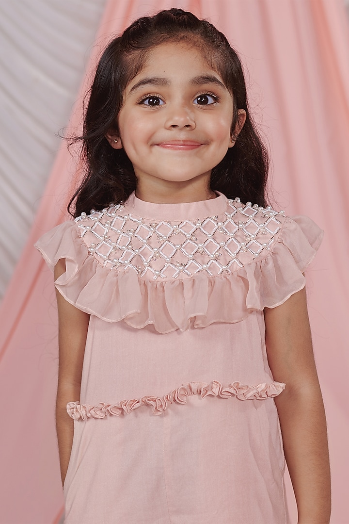 Pastel Pink Vortex Organza Pearl Hand Embroidered Jumpsuit With Cape For Girls by Littleens at Pernia's Pop Up Shop