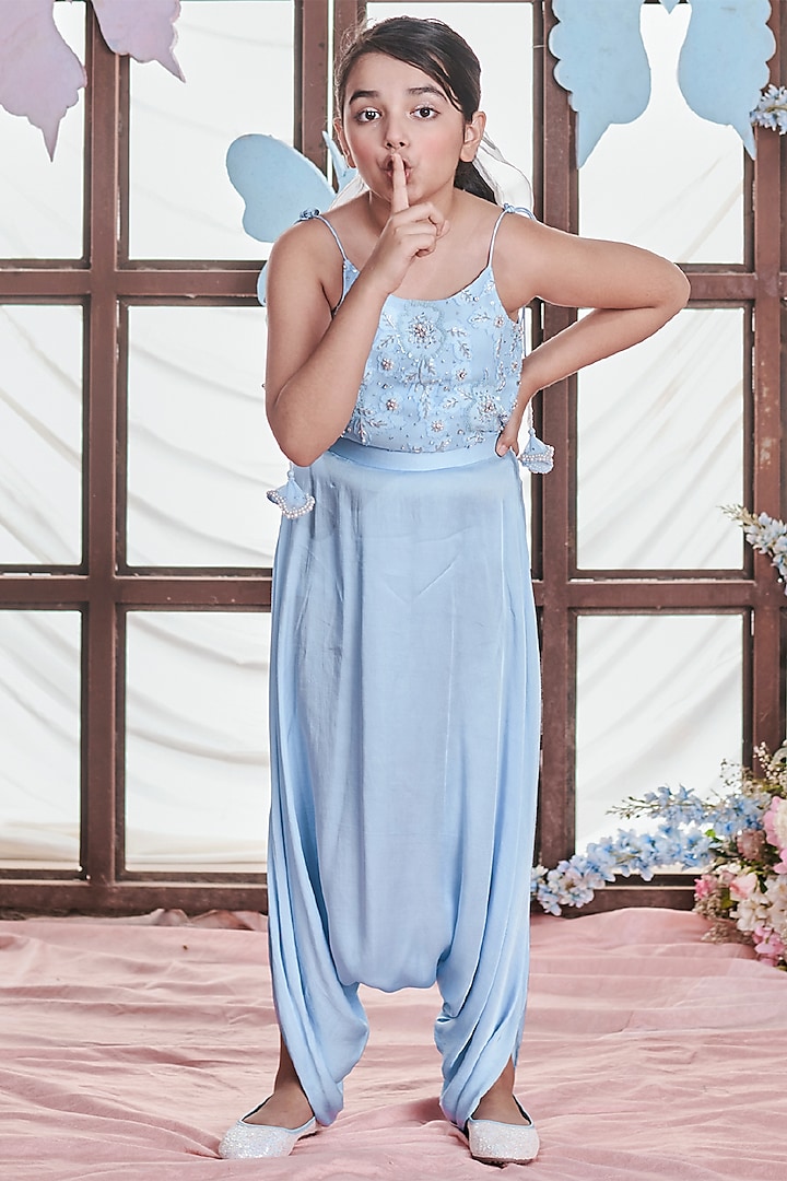 Crystal Blue German Satin Floral Embellished Dhoti Jumpsuit For Girls by Littleens at Pernia's Pop Up Shop