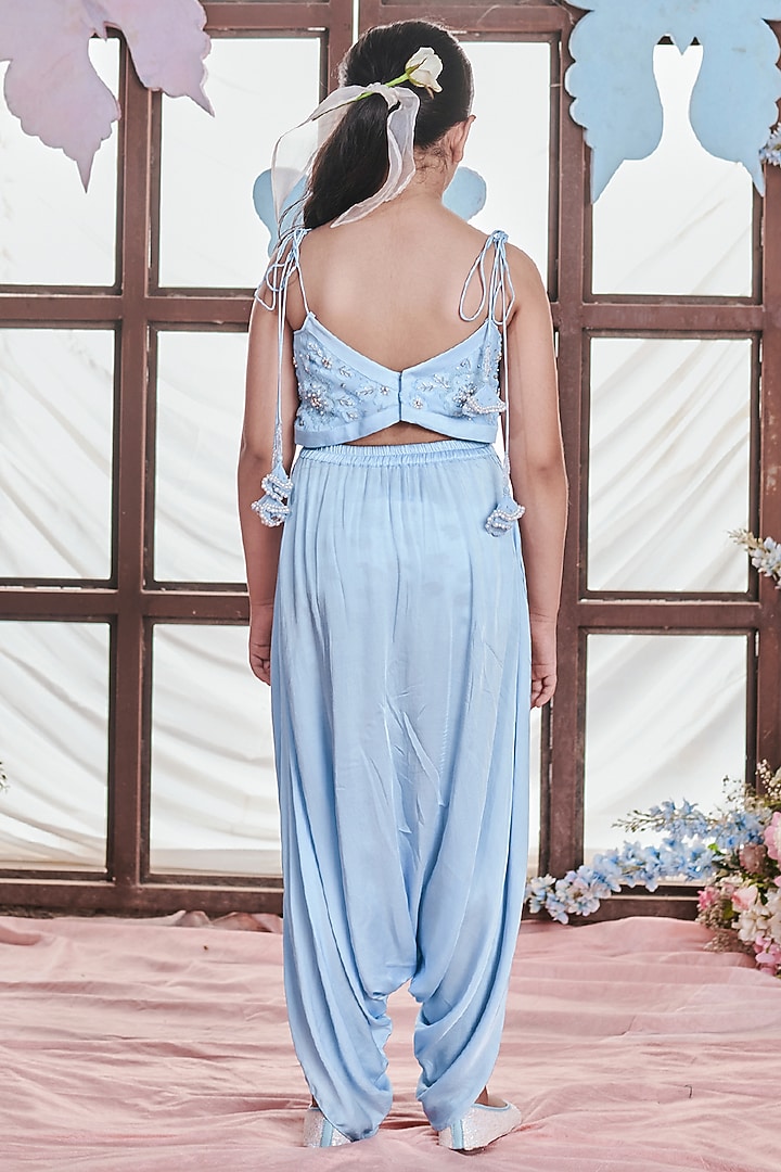 Crystal Blue German Satin Floral Embellished Dhoti Jumpsuit For Girls by Littleens at Pernia's Pop Up Shop