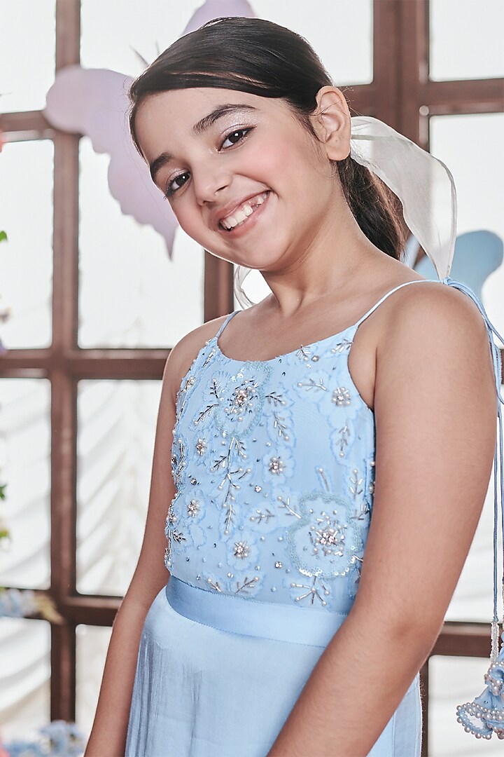 Crystal Blue German Satin Floral Embellished Dhoti Jumpsuit For Girls by Littleens at Pernia's Pop Up Shop