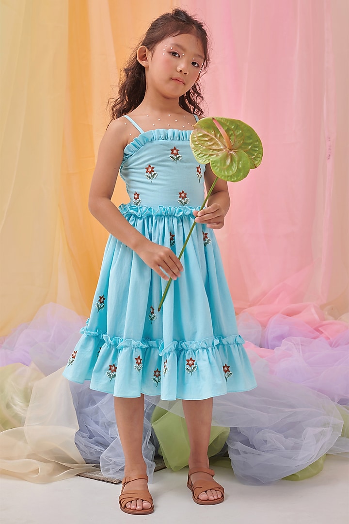 Baby Blue Organic Cotton Hand Embroidered Dress For Girls by Littleens at Pernia's Pop Up Shop