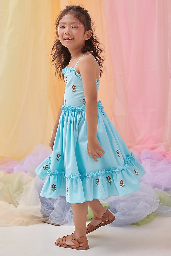 Baby Blue Organic Cotton Hand Embroidered Dress For Girls by Littleens at Pernia's Pop Up Shop
