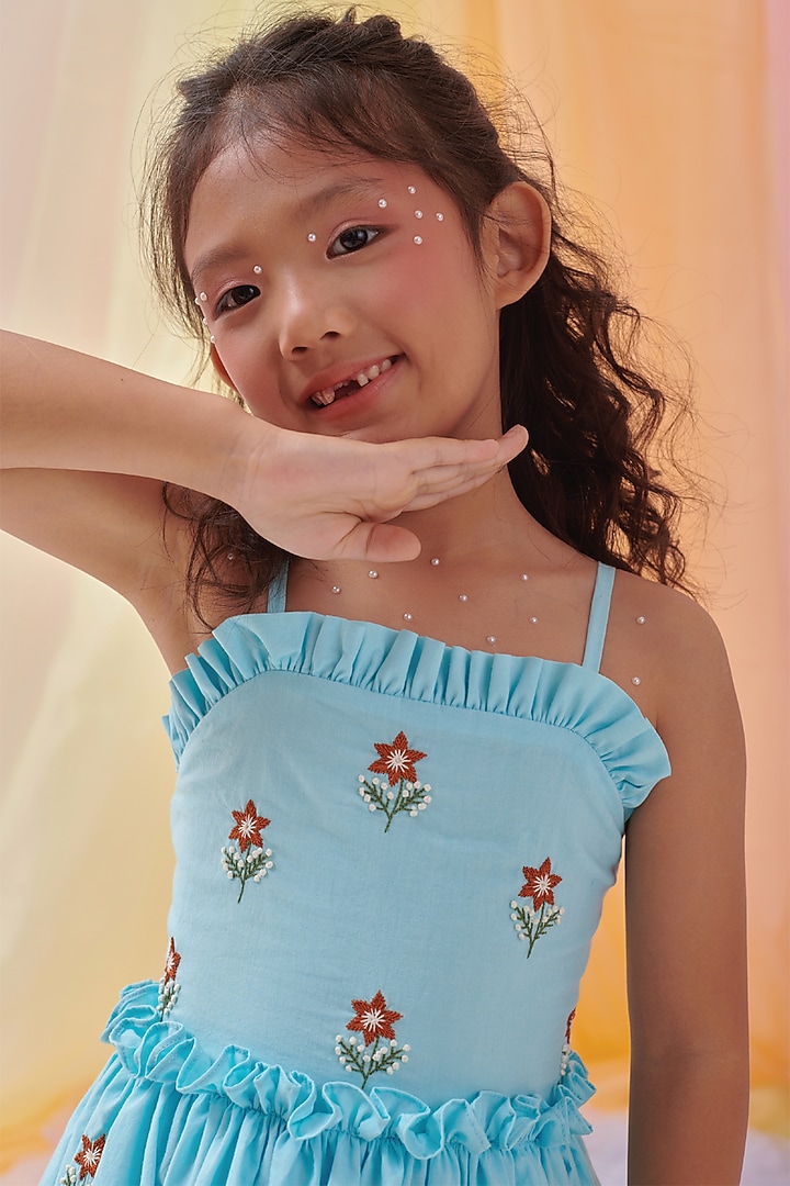 Baby Blue Organic Cotton Hand Embroidered Dress For Girls by Littleens at Pernia's Pop Up Shop