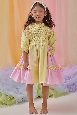 Yellow & Pink Organic Cotton Embroidered Dress For Girls by Littleens