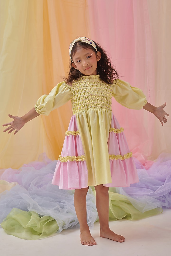 Yellow & Pink Organic Cotton Embroidered Dress For Girls by Littleens at Pernia's Pop Up Shop