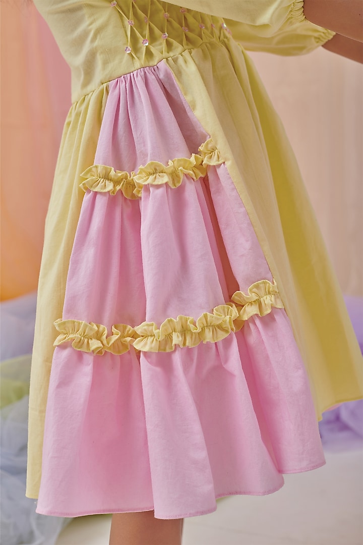 Yellow & Pink Organic Cotton Embroidered Dress For Girls by Littleens at Pernia's Pop Up Shop