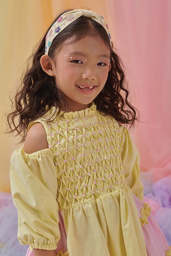 Yellow & Pink Organic Cotton Embroidered Dress For Girls by Littleens at Pernia's Pop Up Shop