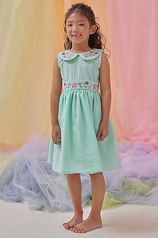 Forested Mint Organic Cotton Hand Embroidered Dress For Girls by Littleens