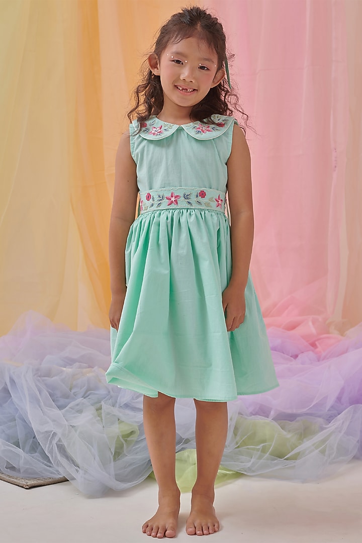 Forested Mint Organic Cotton Hand Embroidered Dress For Girls by Littleens at Pernia's Pop Up Shop