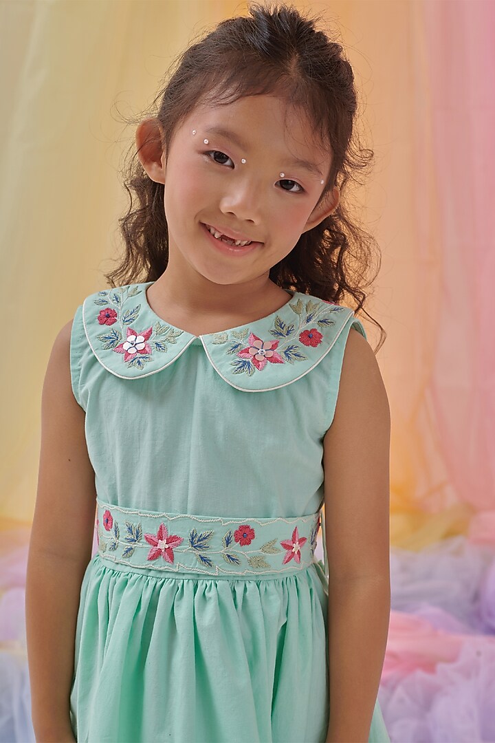 Forested Mint Organic Cotton Hand Embroidered Dress For Girls by Littleens at Pernia's Pop Up Shop