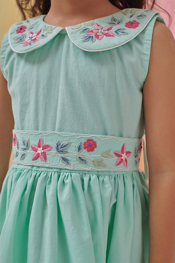 Forested Mint Organic Cotton Hand Embroidered Dress For Girls by Littleens at Pernia's Pop Up Shop