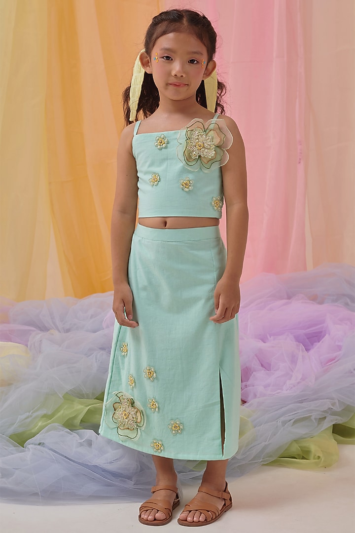 Forested Mint Organic Cotton Embroidered Co-Ord Set For Girls by Littleens at Pernia's Pop Up Shop