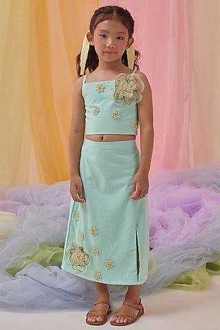 Forested Mint Organic Cotton Embroidered Co-Ord Set For Girls by Littleens