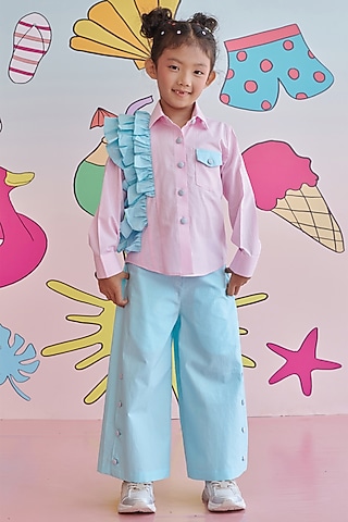 Baby Blue & Pink Organic Cotton Co-Ord Set For Girls by Littleens