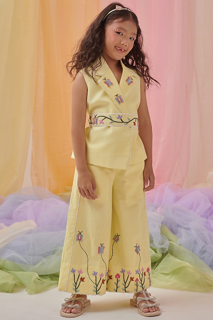 Yellow Organic Cotton Embroidered Blazer Set For Girls by Littleens at Pernia's Pop Up Shop