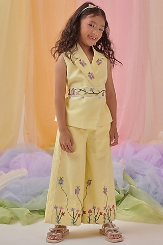 Yellow Organic Cotton Embroidered Blazer Set For Girls by Littleens