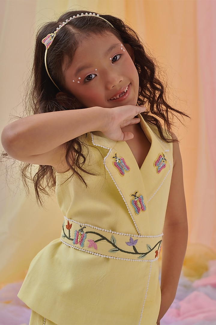 Yellow Organic Cotton Embroidered Blazer Set For Girls by Littleens at Pernia's Pop Up Shop