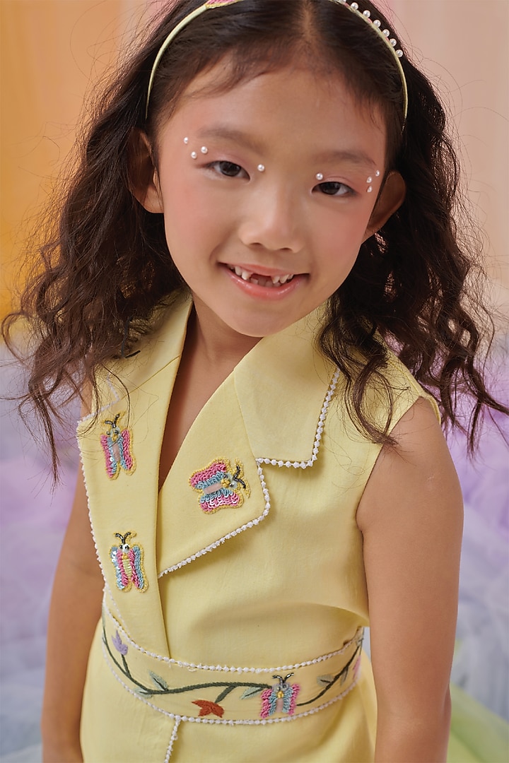 Yellow Organic Cotton Embroidered Blazer Set For Girls by Littleens at Pernia's Pop Up Shop