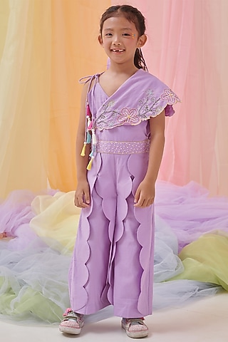 Blush Lilac Organic Cotton Embroidered Jumpsuit For Girls by Littleens