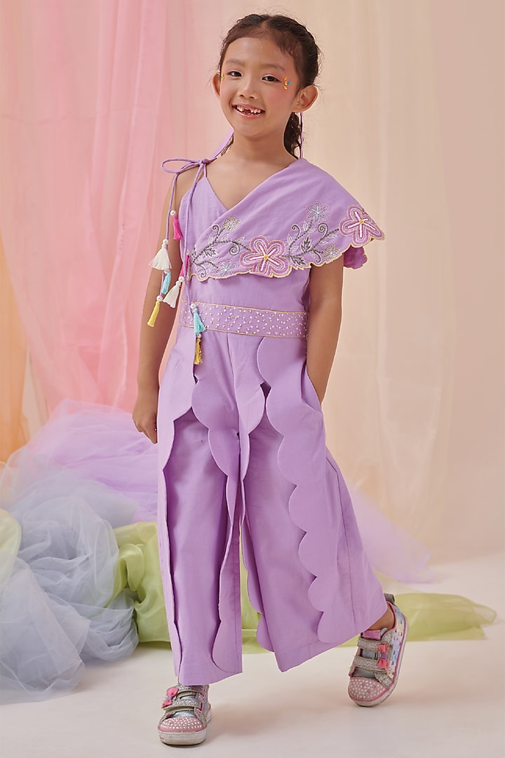Blush Lilac Organic Cotton Embroidered Jumpsuit For Girls by Littleens at Pernia's Pop Up Shop