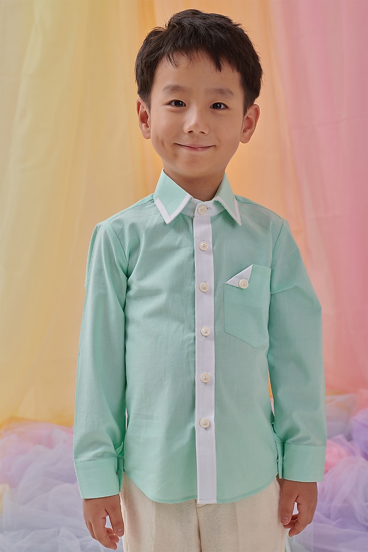 Forested Mint & Star White Organic Cotton Shirt For Boys by Littleens at Pernia's Pop Up Shop