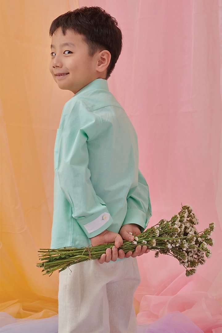 Forested Mint & Star White Organic Cotton Shirt For Boys by Littleens at Pernia's Pop Up Shop