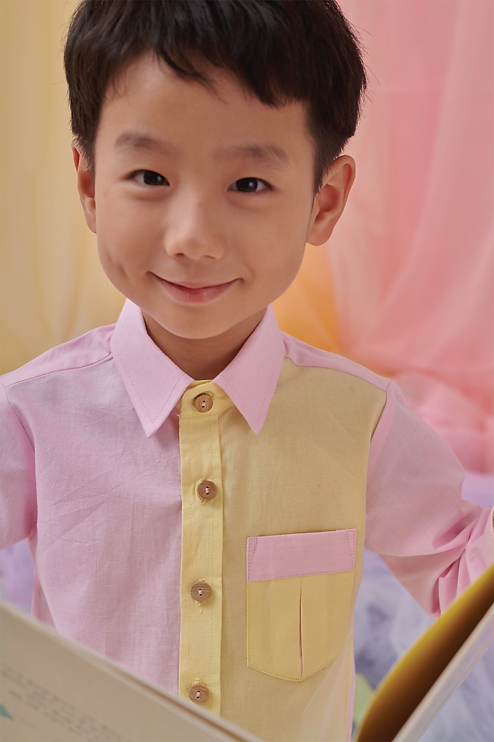 Pink & Yellow Organic Cotton Shirt For Boys by Littleens at Pernia's Pop Up Shop