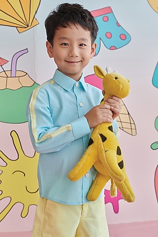 Baby Blue & Yellow Organic Cotton Embroidered Shirt For Boys by Littleens
