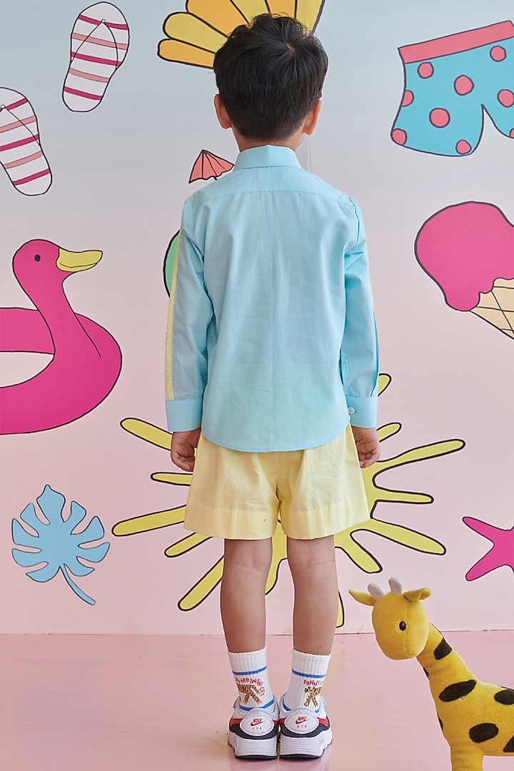 Baby Blue & Yellow Organic Cotton Embroidered Shirt For Boys by Littleens at Pernia's Pop Up Shop