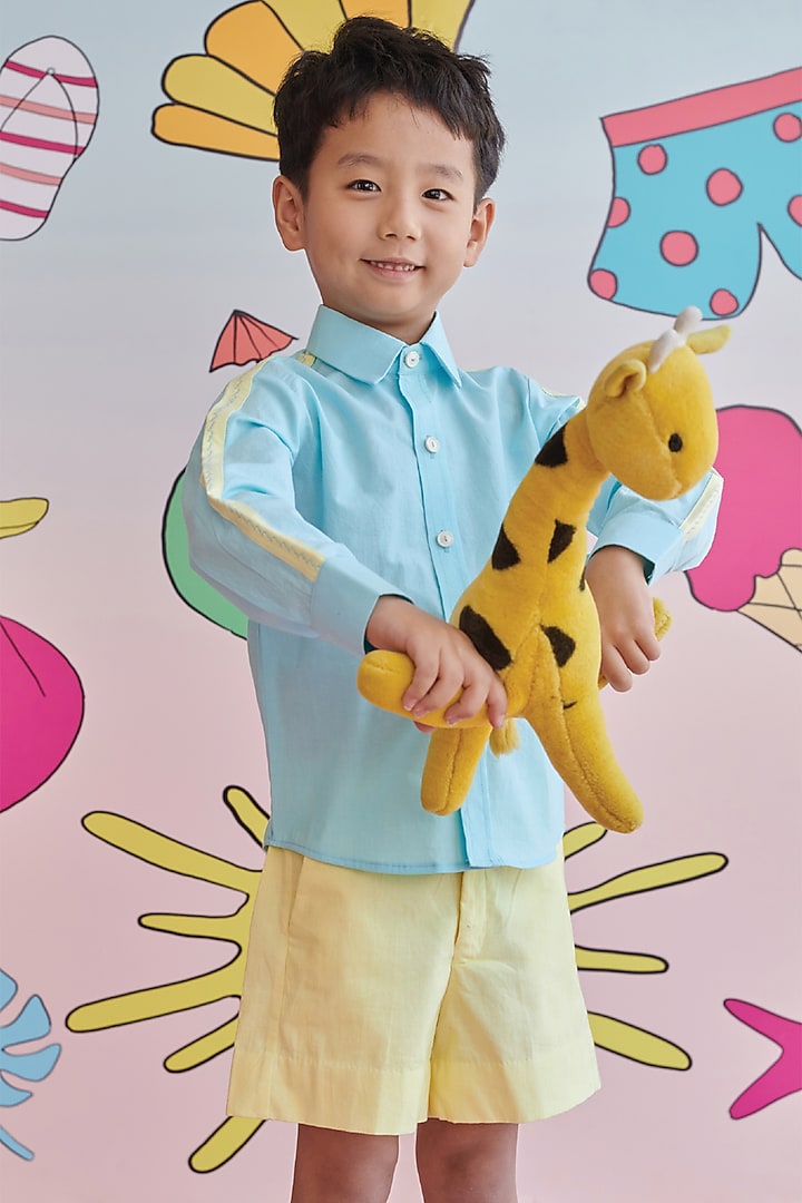 Baby Blue & Yellow Organic Cotton Embroidered Shirt For Boys by Littleens at Pernia's Pop Up Shop