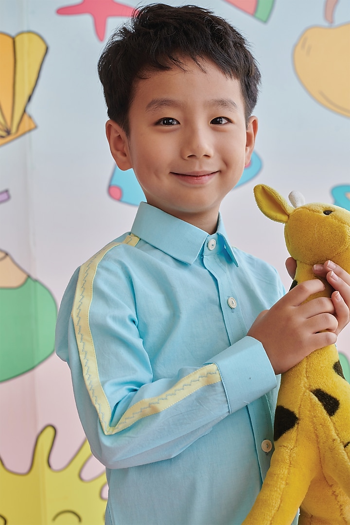 Baby Blue & Yellow Organic Cotton Embroidered Shirt For Boys by Littleens at Pernia's Pop Up Shop