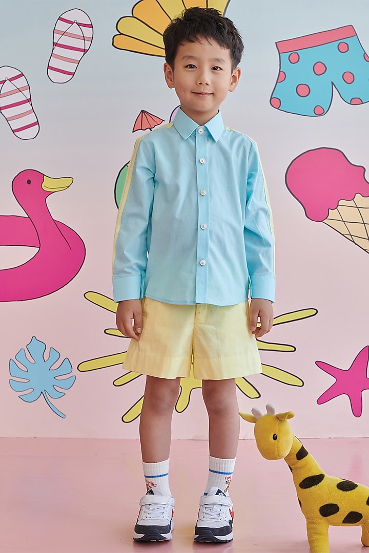 Baby Blue & Yellow Organic Cotton Embroidered Shirt For Boys by Littleens at Pernia's Pop Up Shop