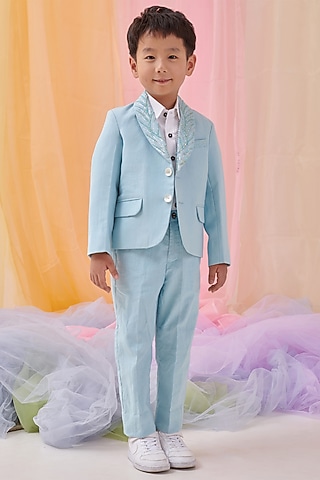 Pastel Blue Organic Cotton Embroidered Blazer Set For Boys by Littleens