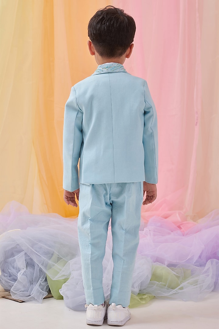 Pastel Blue Organic Cotton Embroidered Blazer Set For Boys by Littleens at Pernia's Pop Up Shop
