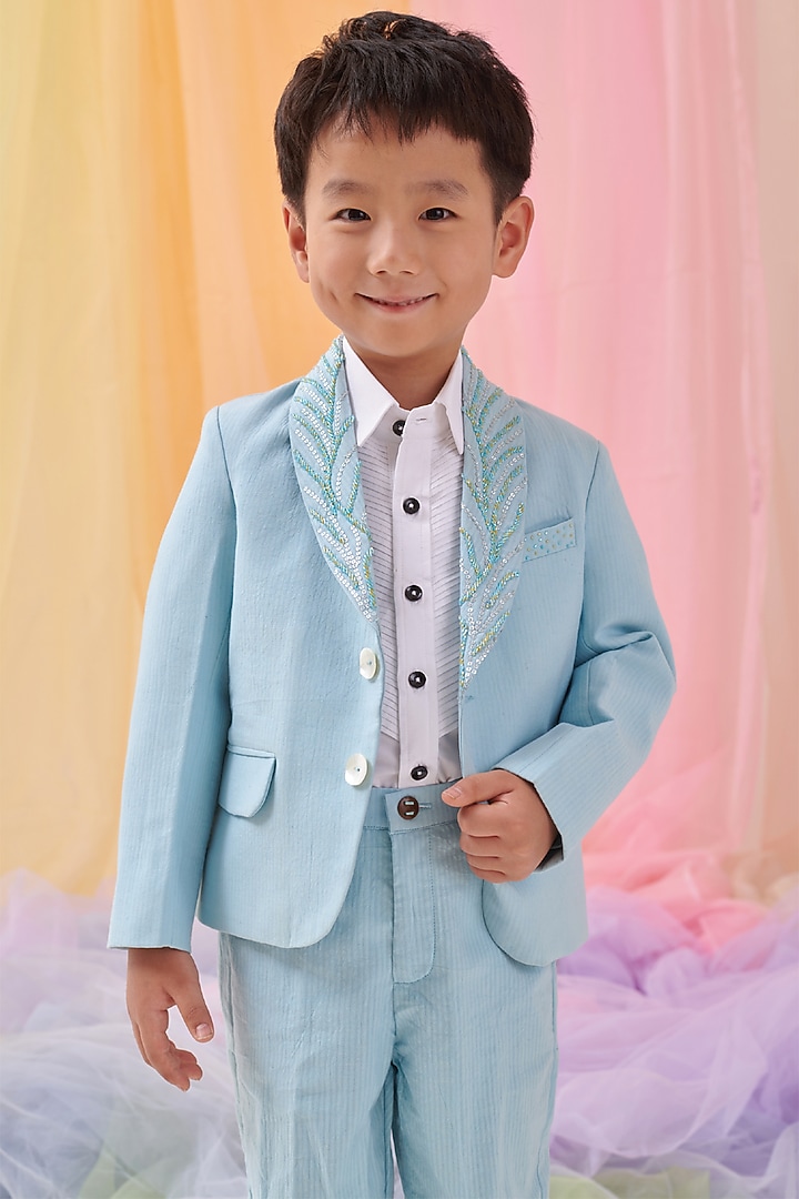 Pastel Blue Organic Cotton Embroidered Blazer Set For Boys by Littleens at Pernia's Pop Up Shop