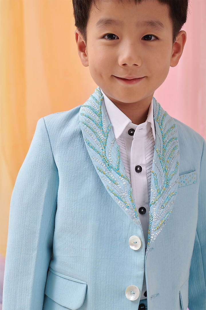 Pastel Blue Organic Cotton Embroidered Blazer Set For Boys by Littleens at Pernia's Pop Up Shop