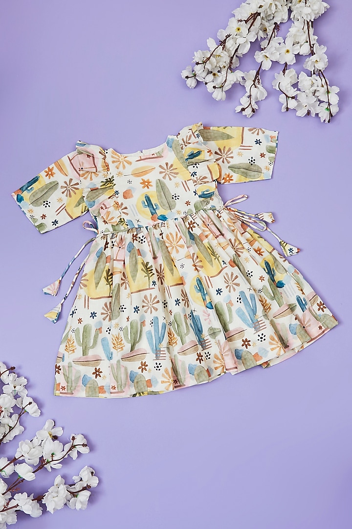 White Cotton Linen Abstract Printed Dress For Girls by Little People Label at Pernia's Pop Up Shop