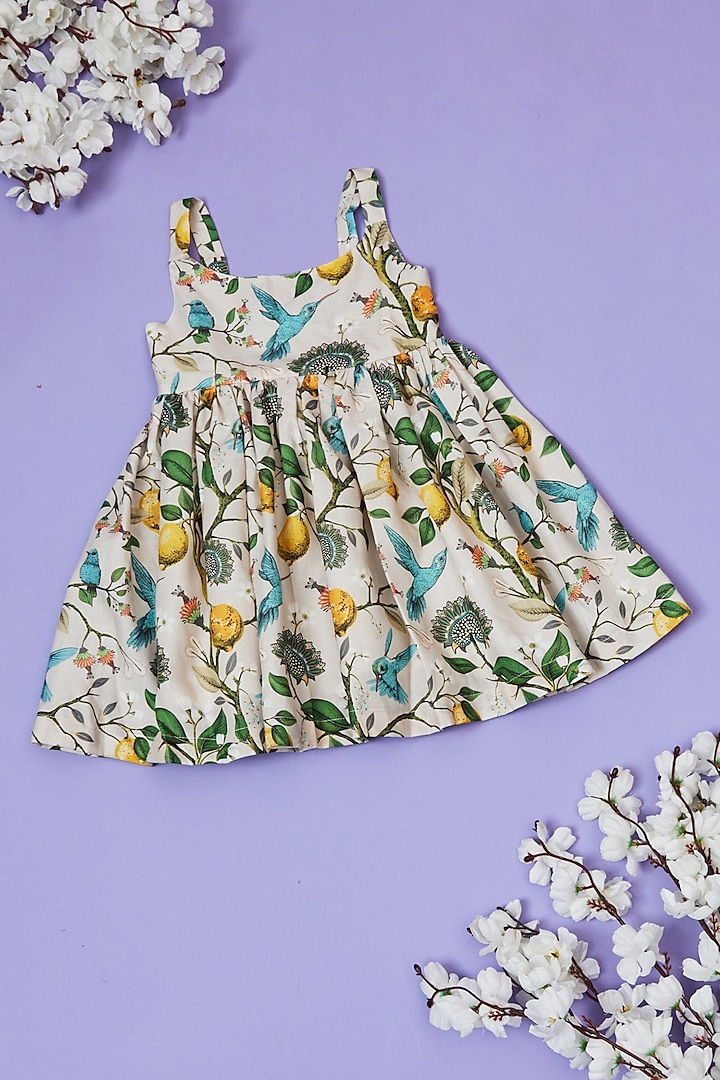 Grey Cotton Linen Floral Leaf Printed Dress For Girls by Little People Label at Pernia's Pop Up Shop