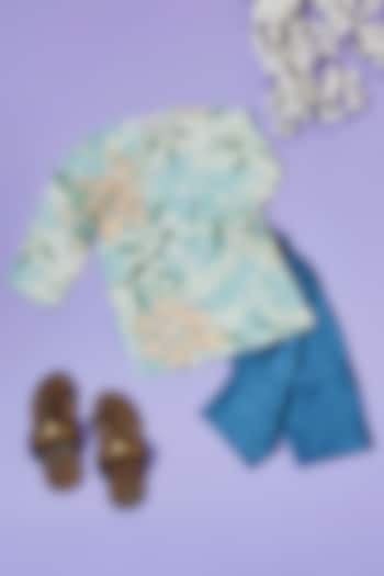 Powder Blue Muslin Floral Printed Kurta Set For Boys by Little People Label