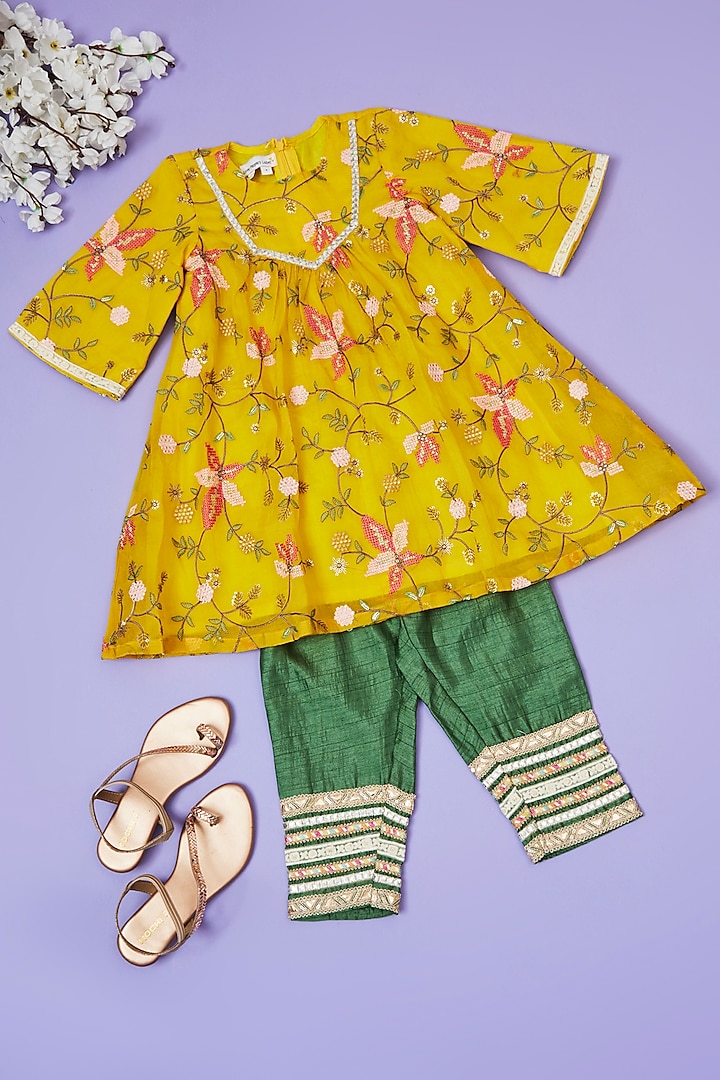 Yellow Organza Cross-Stitch Embroidered Kurta Set For Girls by Little People Label at Pernia's Pop Up Shop