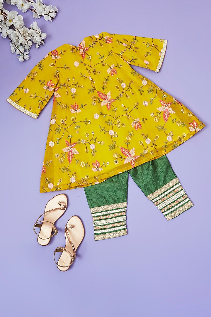 Yellow Organza Cross-Stitch Embroidered Kurta Set For Girls by Little People Label at Pernia's Pop Up Shop