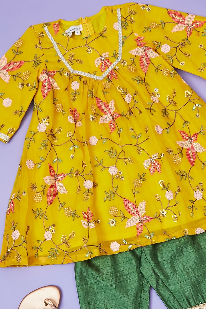 Yellow Organza Cross-Stitch Embroidered Kurta Set For Girls by Little People Label at Pernia's Pop Up Shop