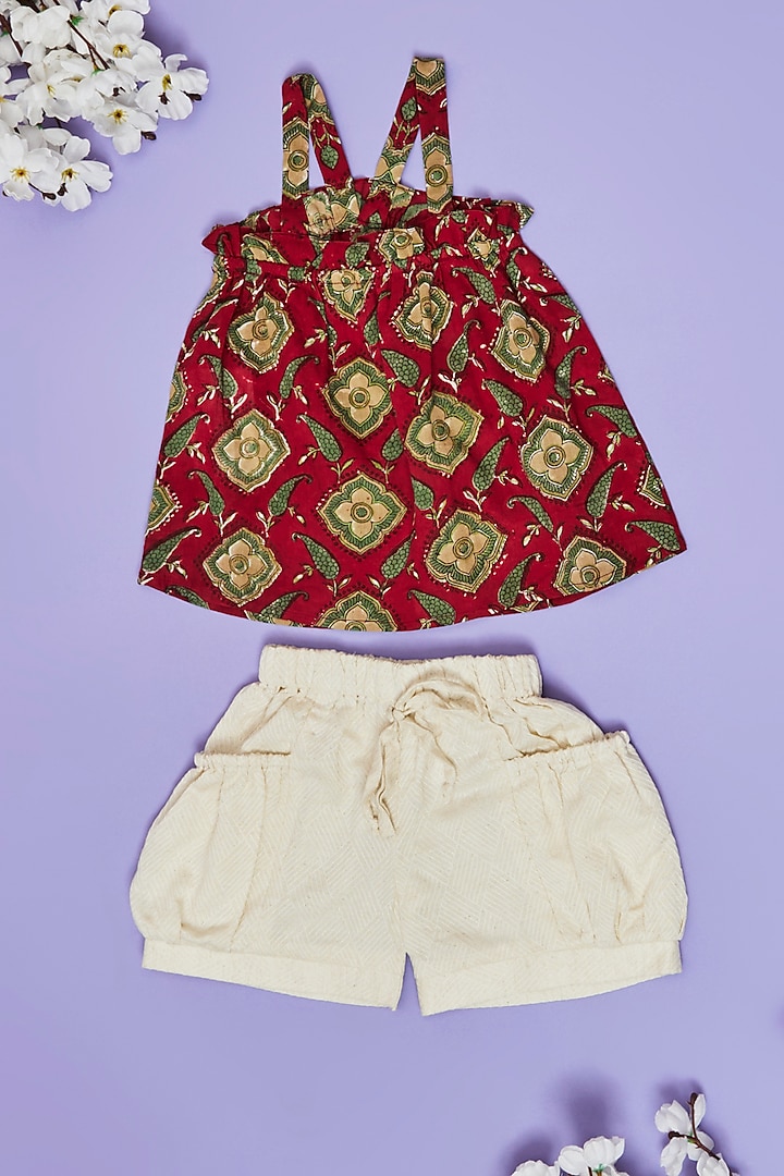 Red & White Cotton Hand Block Printed Co-Ord Set For Girls by Little People Label at Pernia's Pop Up Shop