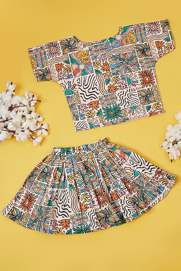 Multi-Colored Cotton Linen Abstract Printed Pleated Skirt Set Girls by Little People Label at Pernia's Pop Up Shop