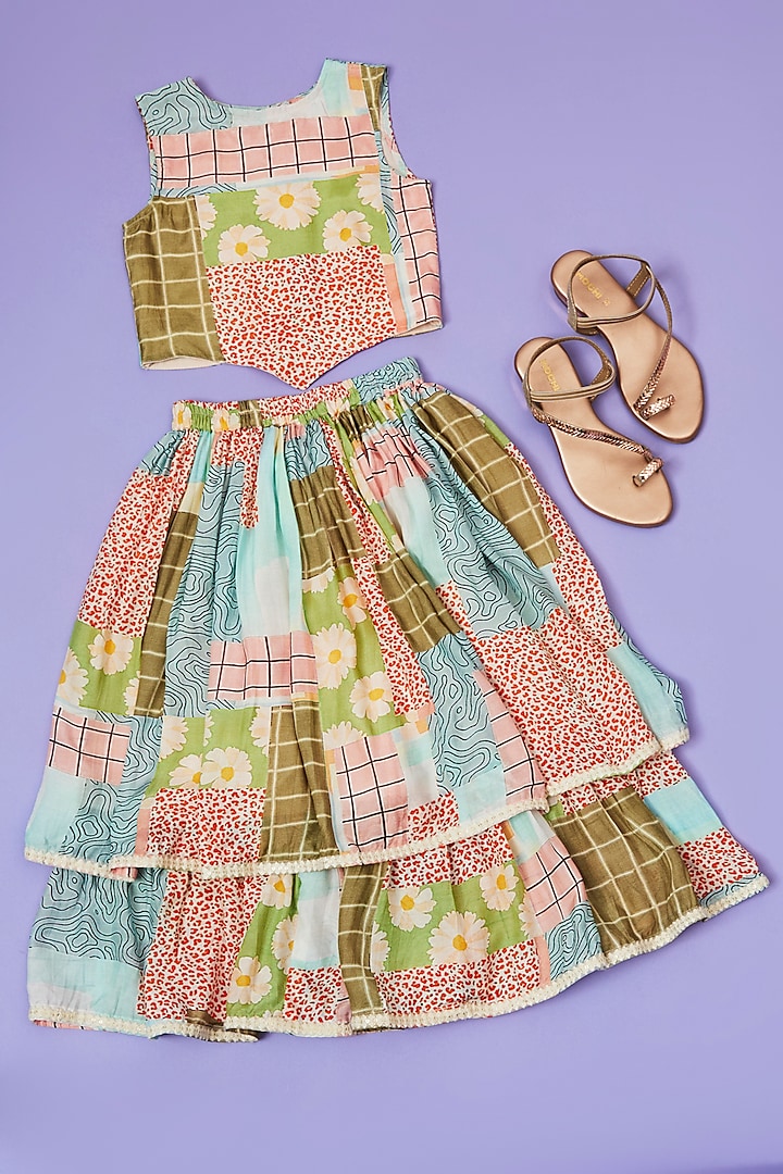 Multi-Colored Muslin Abstract Printed Tiered Lehenga Set For Girls by Little People Label at Pernia's Pop Up Shop