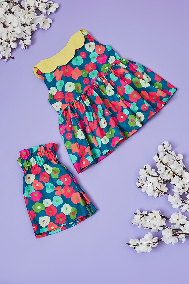 Multi-Colored Cotton Linen Floral Printed Co-Ord Set For Girls by Little People Label